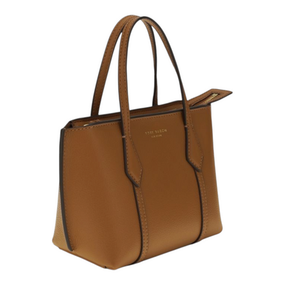 Bolso tote mini Perry de XT & Co en piel de becerro color marrón con cierre de cremallera y asas superiores