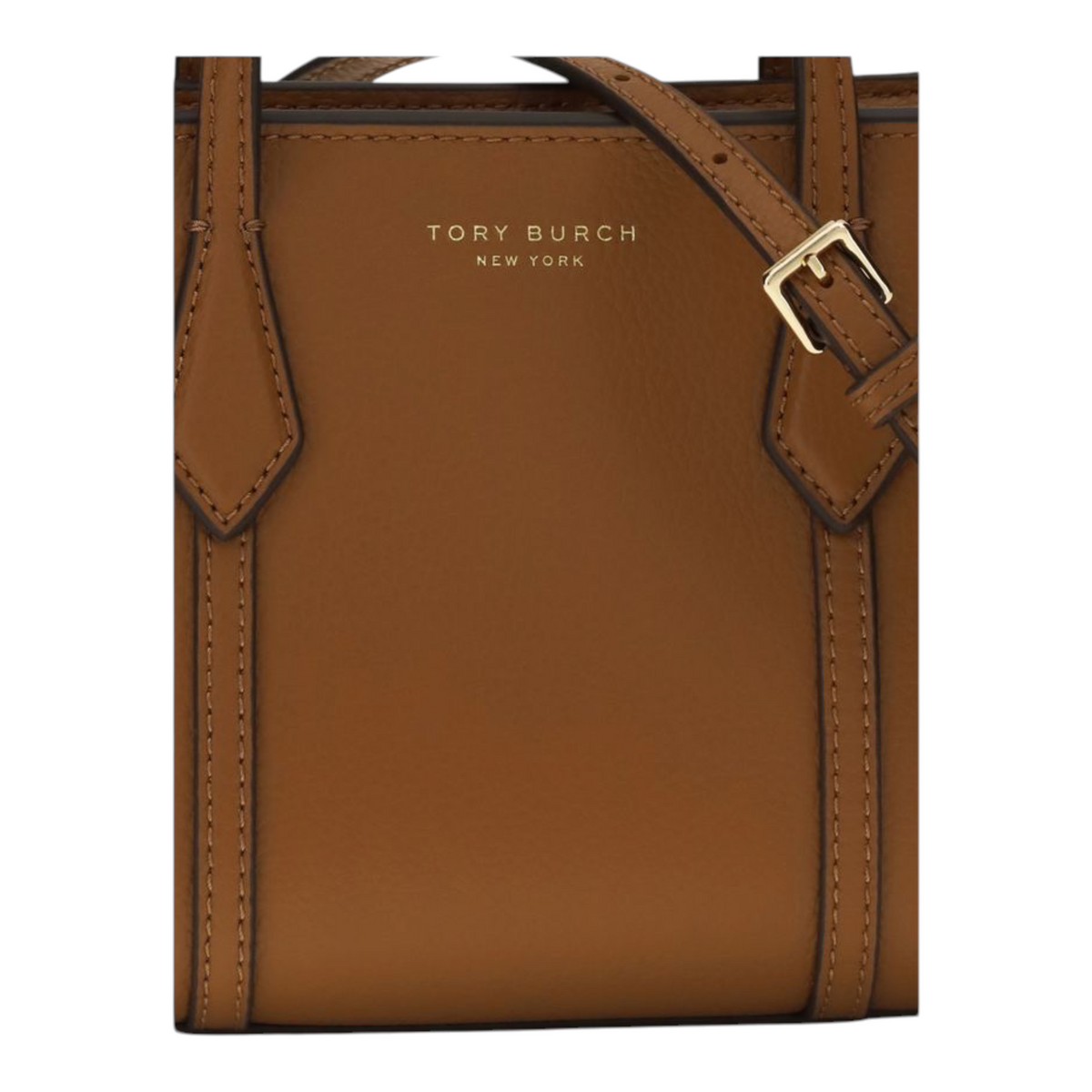 Bolso tote mini Perry de Tory Burch en piel de becerro marrón con detalles de XT & Co y correa ajustable.