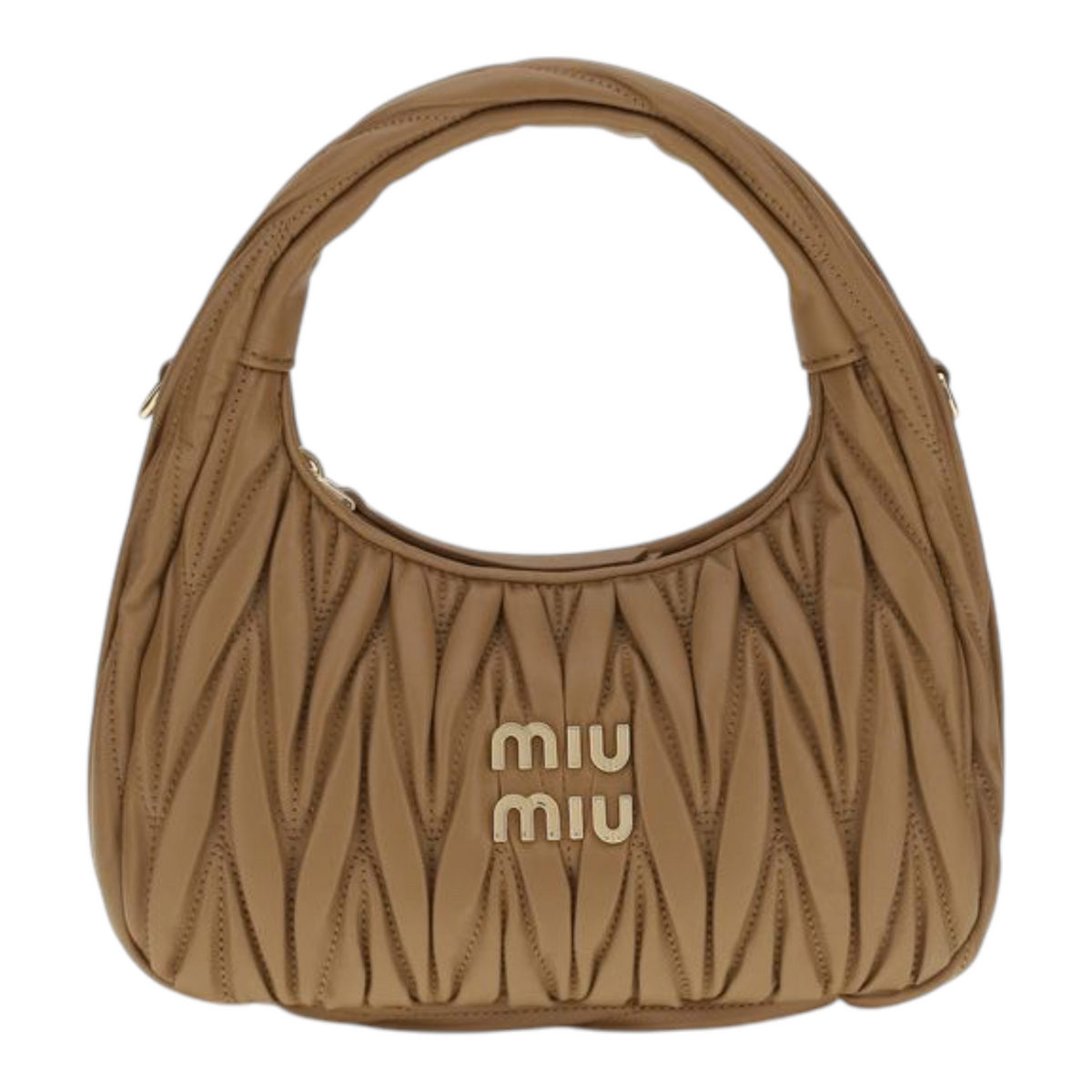 Bolso hobo Wander de XT & Co en piel nappa beige con diseño matelassé acolchado y logotipo metálico dorado.