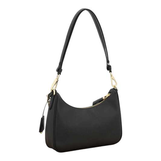 Bolso de hombro Prada de piel Saffiano negra con correa de cuero y placa triangular icónica de XT & Co