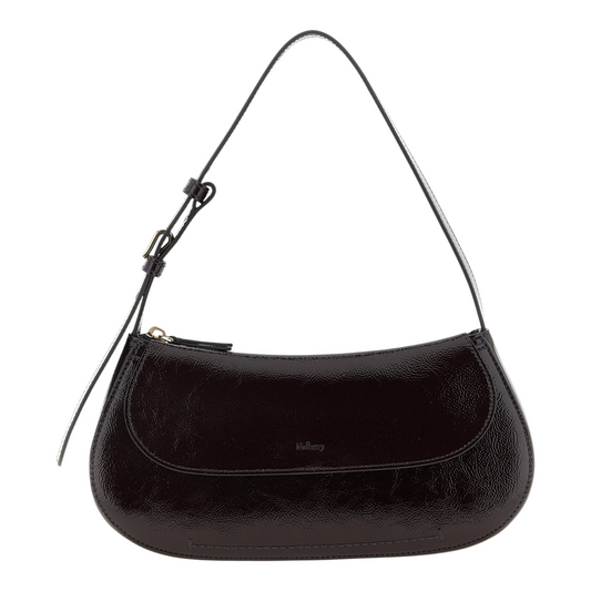 Bolso de hombro XT & Co Mulberry Clovelly en piel de becerro charol color morado con asa ajustable y cierre magnético