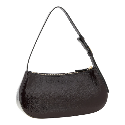 Bolso de hombro XT & Co Mulberry Clovelly en piel de becerro charol color morado con asa ajustable y cierre de cremallera