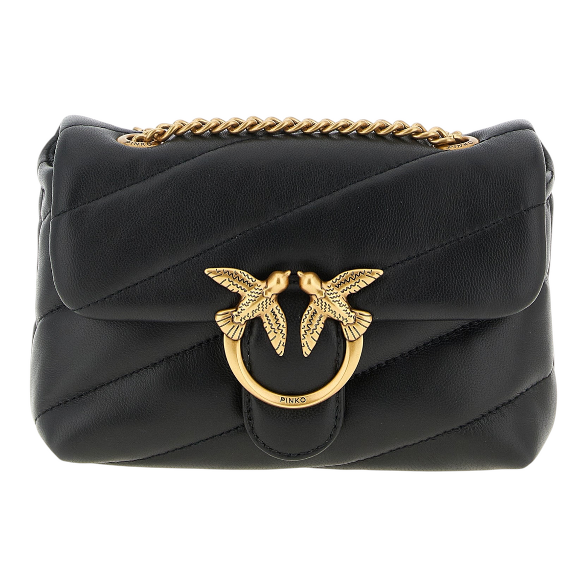 Bolso bandolera XT & Co PINKO Baby Love Puff negro de piel de cordero acolchada con hebilla metálica Love Birds dorada