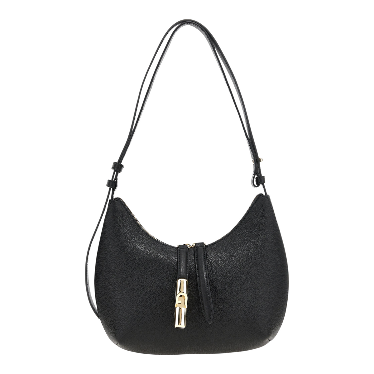 Bolso de hombro Furla Goccia negro de piel granulada con herrajes dorados y cierre cilíndrico en XT & Co
