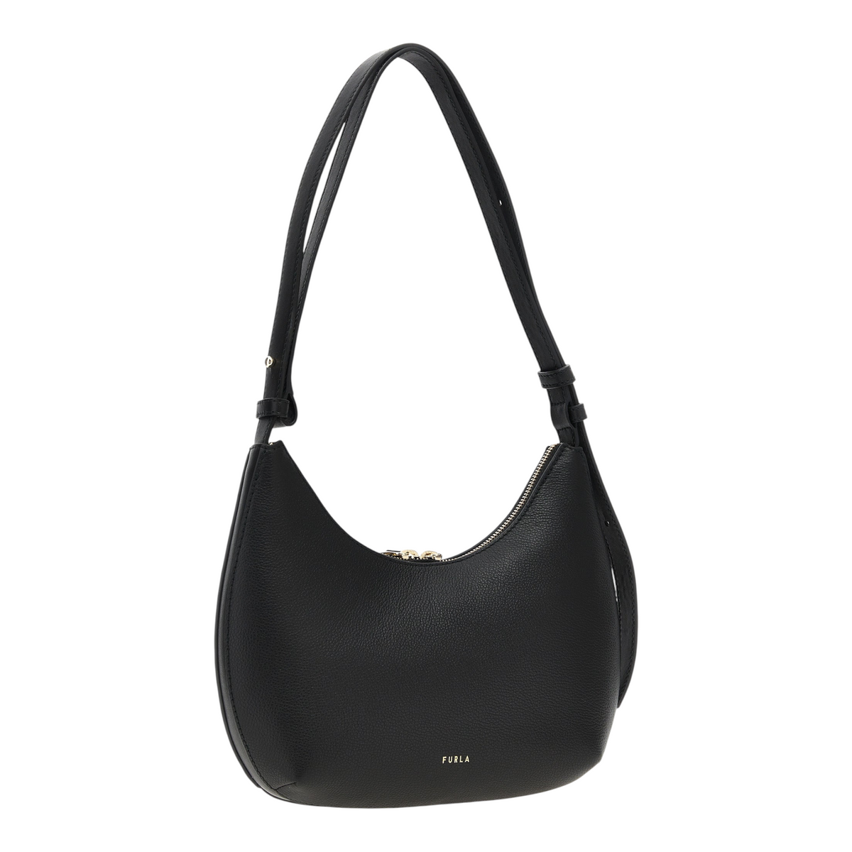 Bolso de hombro negro Furla Goccia de piel granulada con cierre de cremallera y logo metálico, disponible en XT & Co