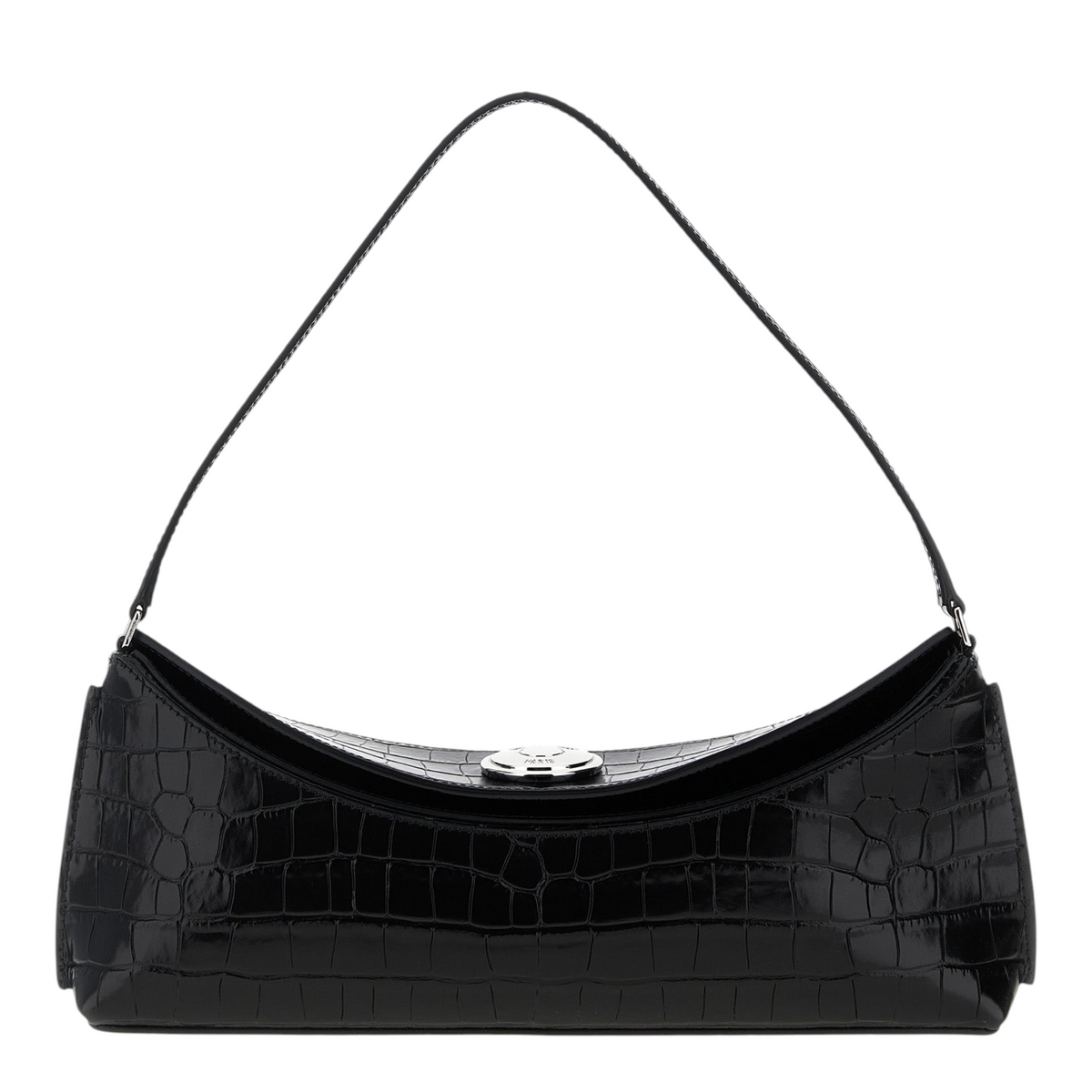 Bolso de hombro XT & Co La Pochette Ovalo en piel de becerro negra con efecto cocodrilo y cierre de botón metálico.