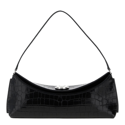 Bolso de hombro XT & Co La Pochette Ovalo en piel de becerro negra con efecto cocodrilo y cierre de botón metálico.