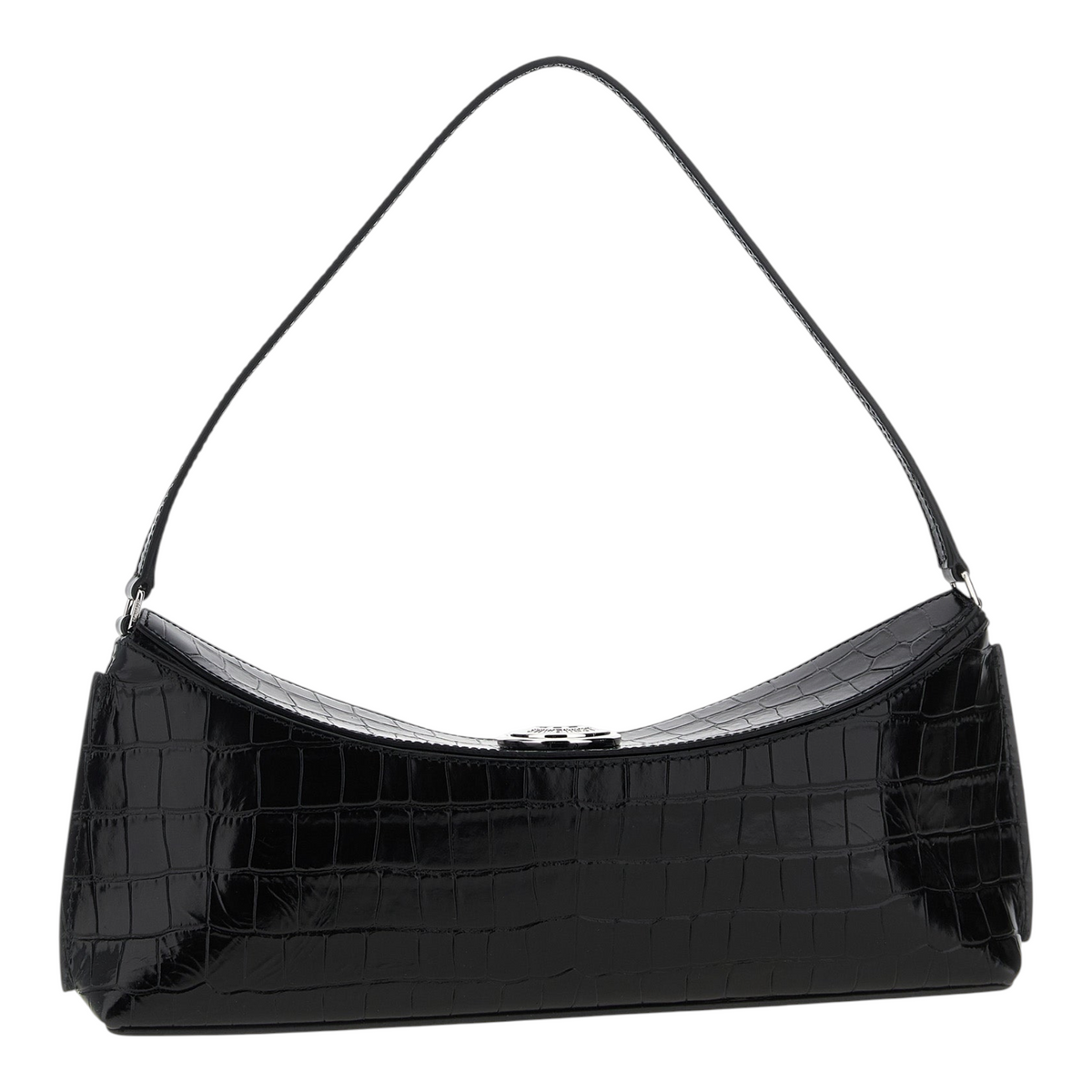 Bolso de hombro XT & Co La Pochette Ovalo en piel de becerro negra con efecto cocodrilo y cierre de botón metálico.