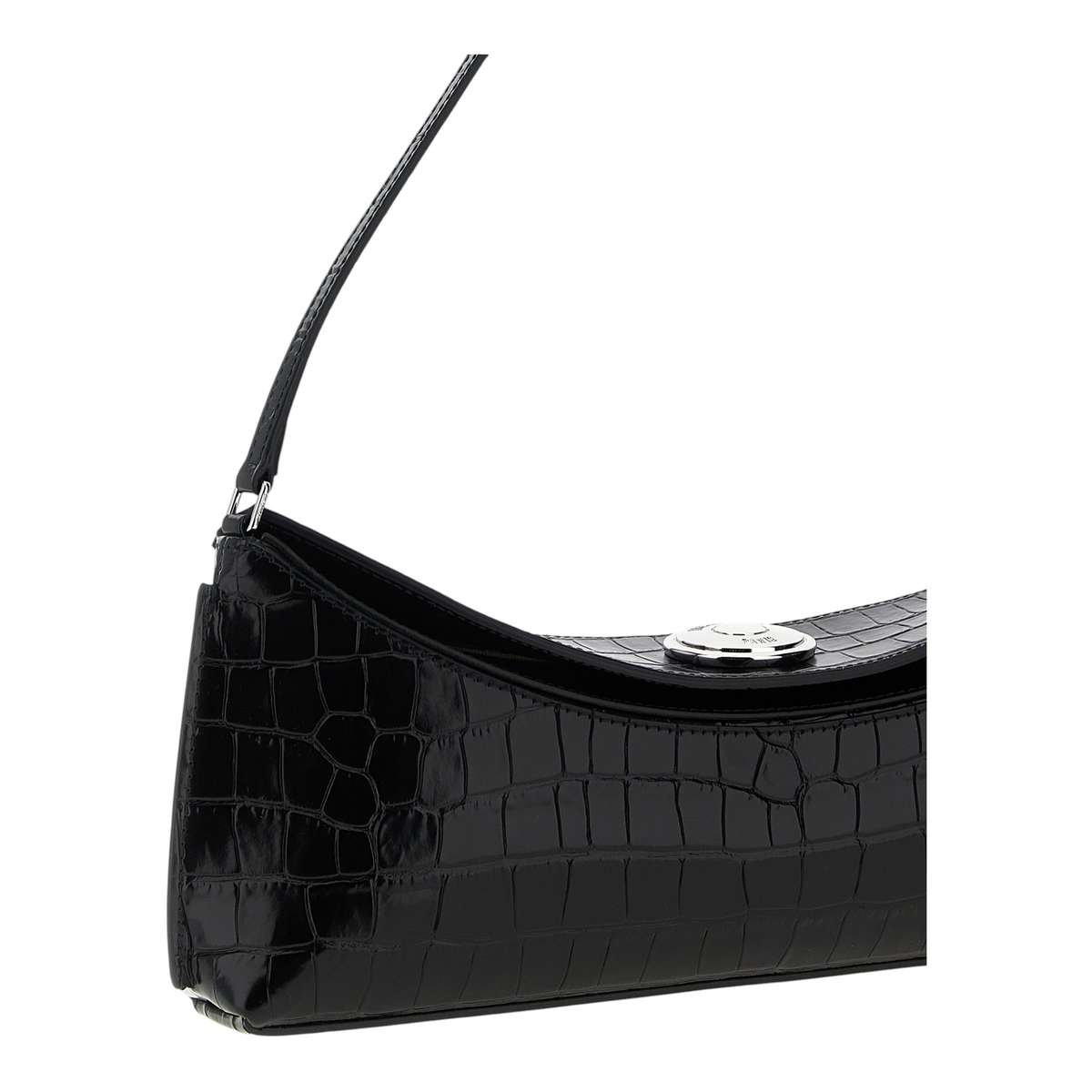 Bolso de hombro XT & Co La Pochette Ovalo en piel de becerro negra con efecto cocodrilo y botón metálico grabado.