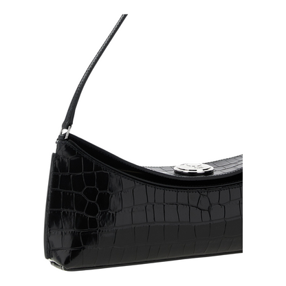 Bolso de hombro XT & Co La Pochette Ovalo en piel de becerro negra con efecto cocodrilo y botón metálico grabado.