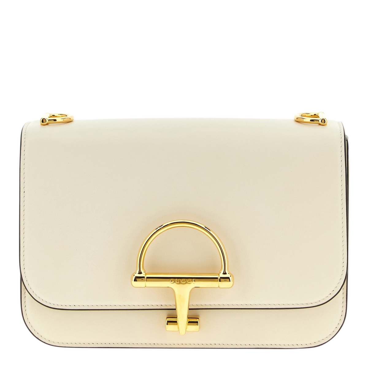 Bolso bandolera Siena de XT & Co en piel de becerro blanca con detalle de medio bocado metálico dorado en la solapa