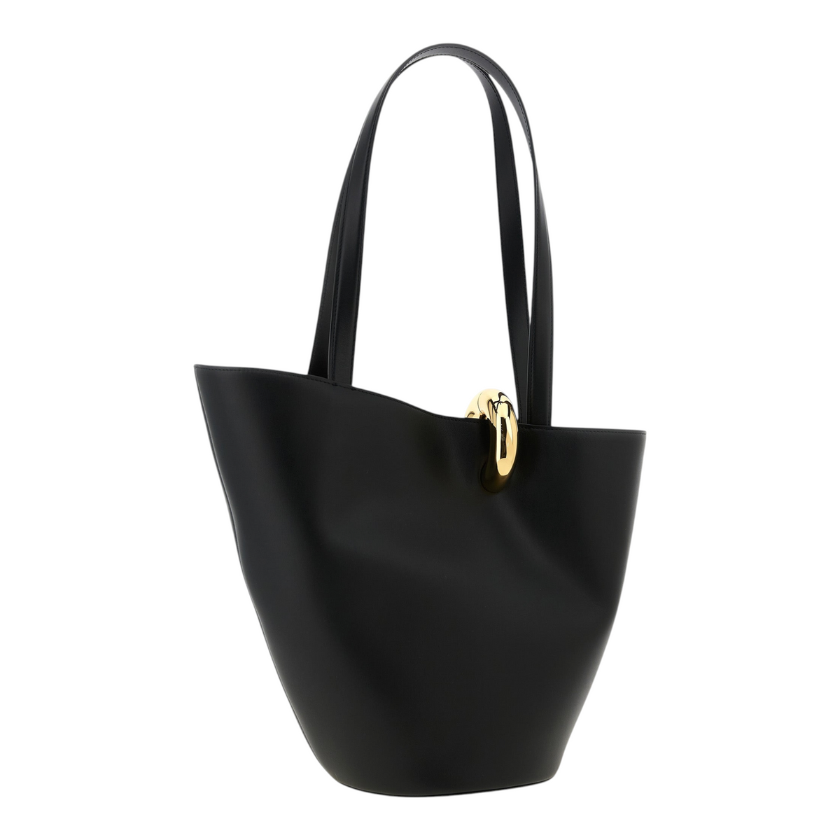 Bolso de hombro XT & Co Le Bambola Moyen en piel negra con forma asimétrica y cierre de anilla dorada.