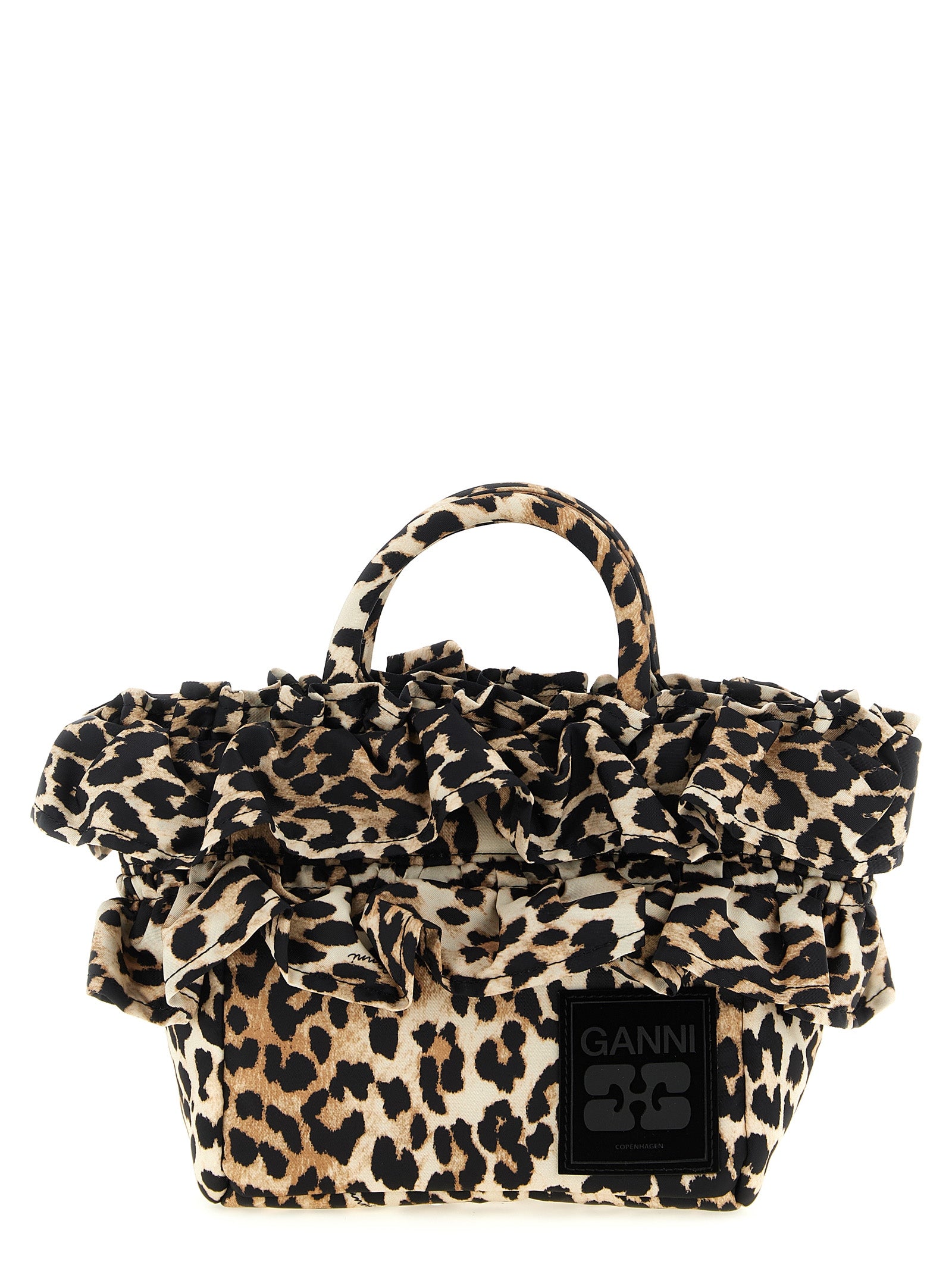 Ganni Brown Mini Shopper Ruffle Print Handbag