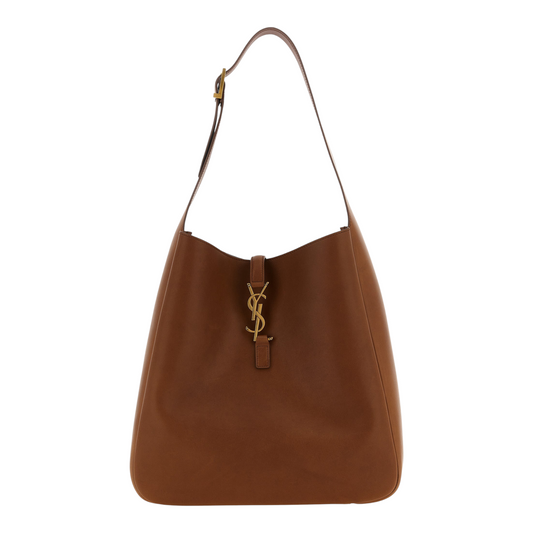 Bolso de hombro XT & Co Saint Laurent Le 5 a 7 en piel de becerro marrón con logotipo Cassandre dorado