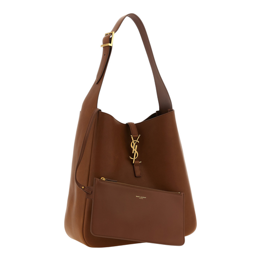 Bolso de hombro XT & Co Saint Laurent Le 5 a 7 en piel de becerro marrón con logo Cassandre y cartera extraíble