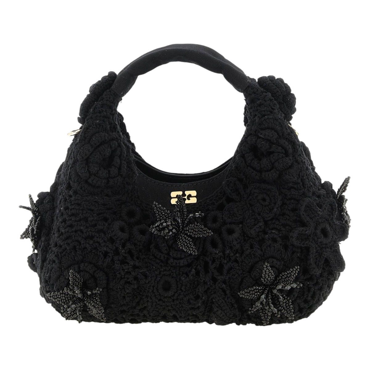 Bolso mini hobo negro de crochet de XT & Co con detalles florales de cuentas y logo de mariposa metálico