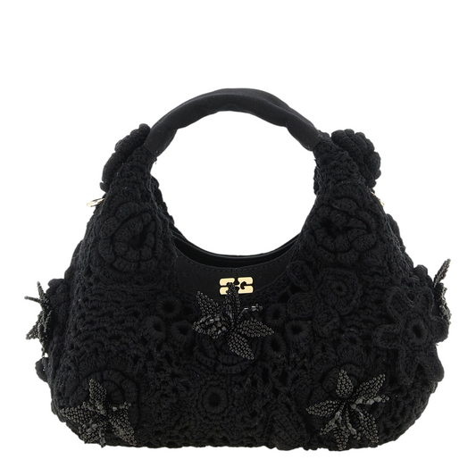 Ganni Mini Hobo Crochet Bolso de Mano Negro Algodón Piel