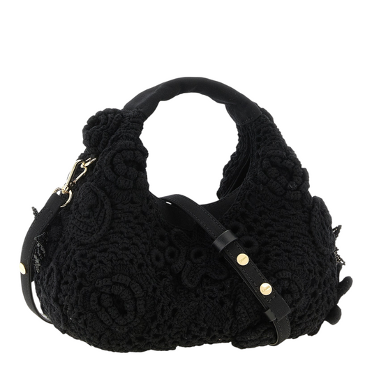 Ganni Mini Hobo Crochet Bolso de Mano Negro Algodón Piel