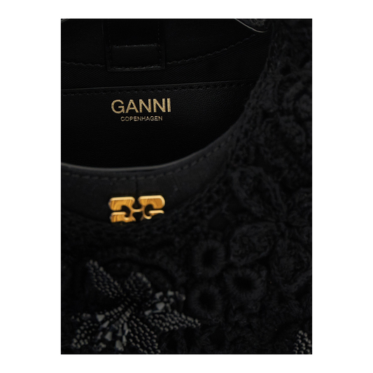 Ganni Mini Hobo Crochet Bolso de Mano Negro Algodón Piel