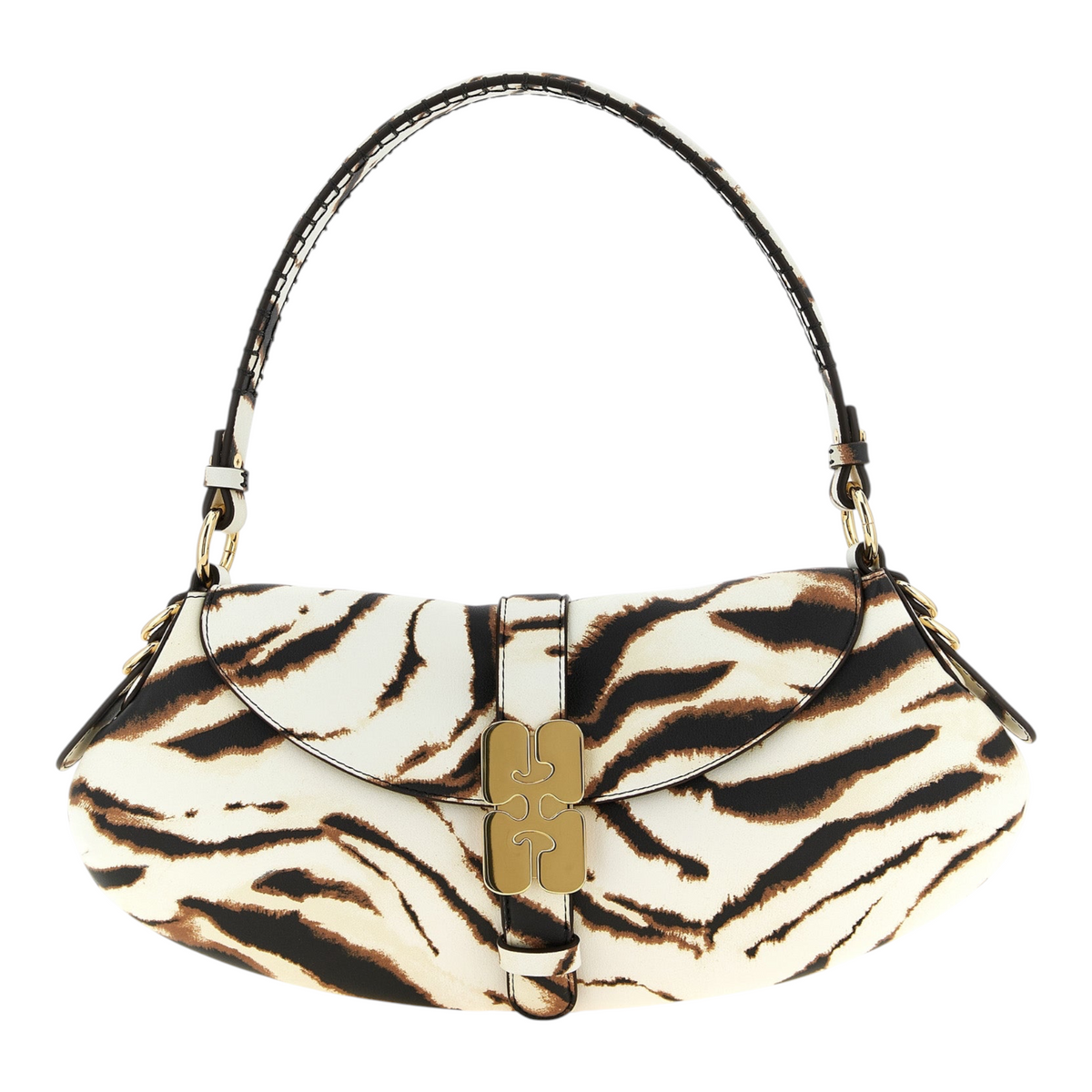 Bolso de hombro Ganni B-Kat de XT & Co con estampado de cebra, cierre magnético y logo de mariposa en tono dorado.