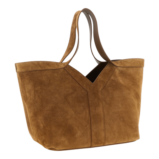 Bolso tote pequeño Saint Laurent de ante marrón con diseño en Y tonal y asas dobles, disponible en XT & Co