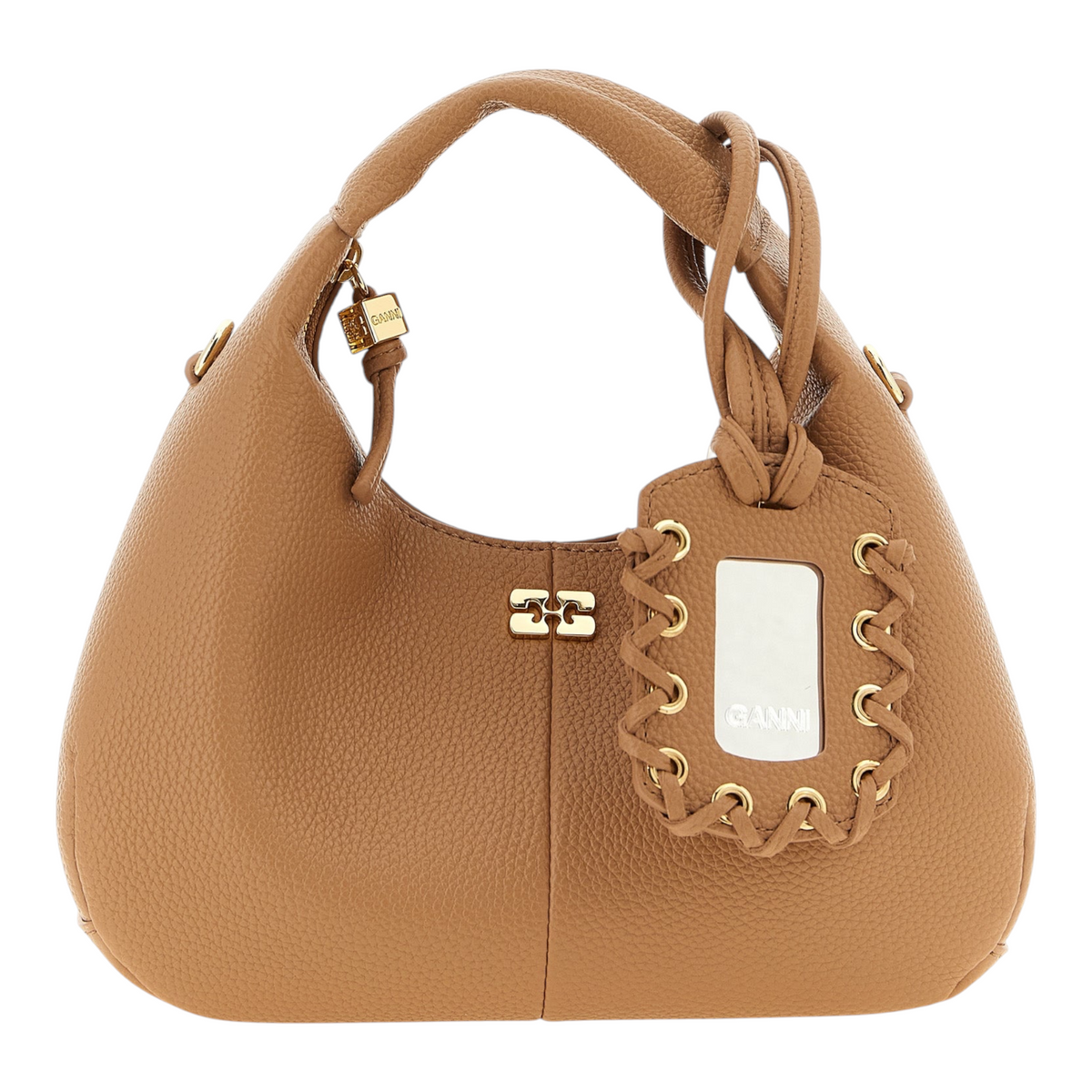 Bolso hobo mini beige de XT & Co con acabado martillado, asa superior y dije de espejo extraíble con logo Ganni