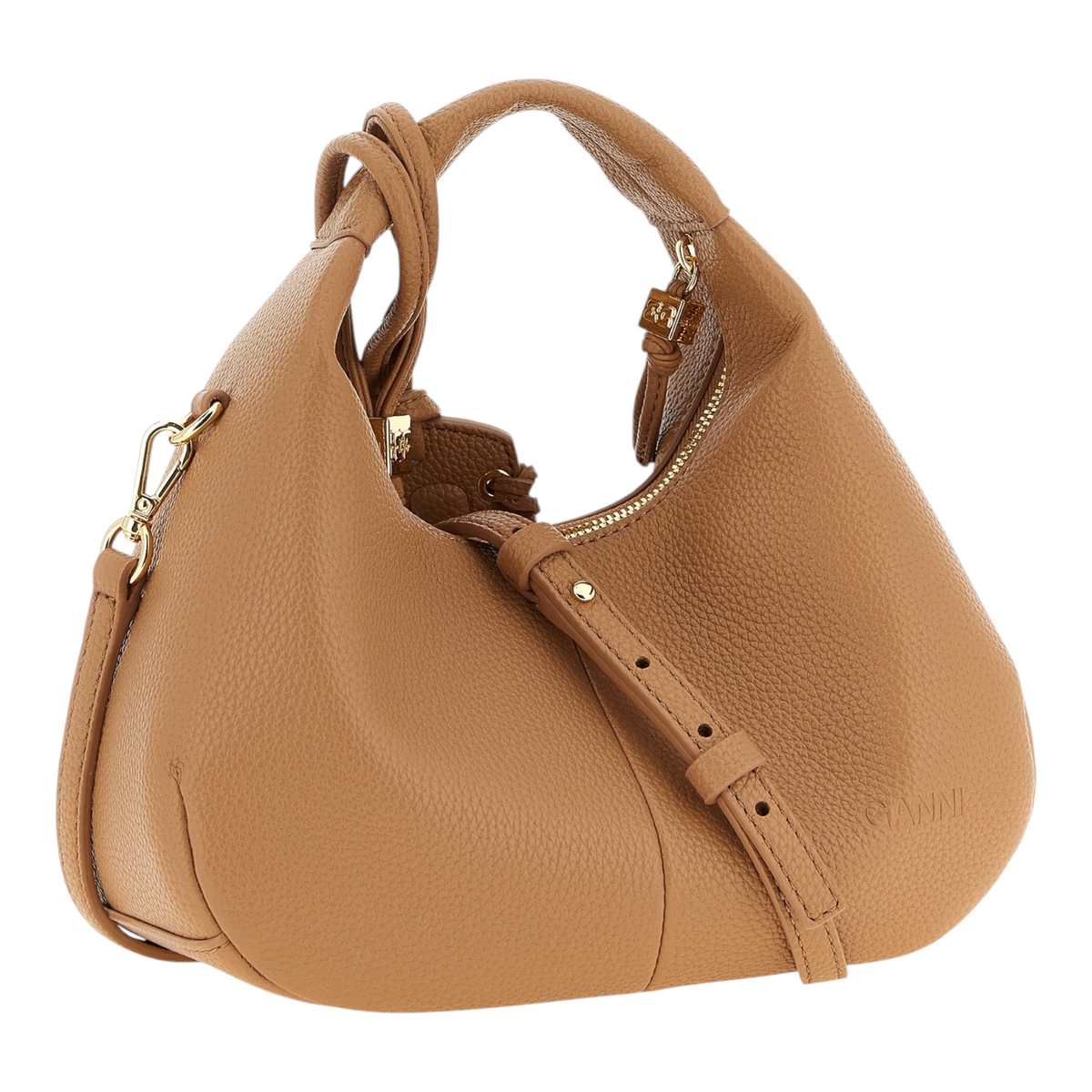 Bolso hobo mini beige de XT & Co con acabado texturizado, asa superior y correa ajustable de piel sintética reciclada.