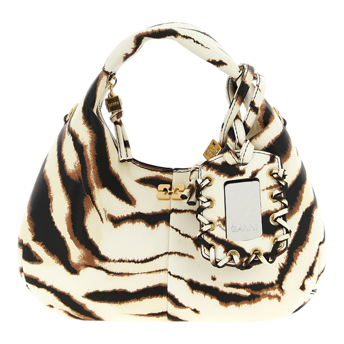 Bolso mini hobo Ganni de XT & Co con estampado de cebra, silueta curva y detalle de logo dorado.