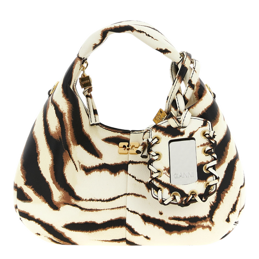 Ganni Mini Hobo Zebra Handbag Animal White Polyester Synthetic
