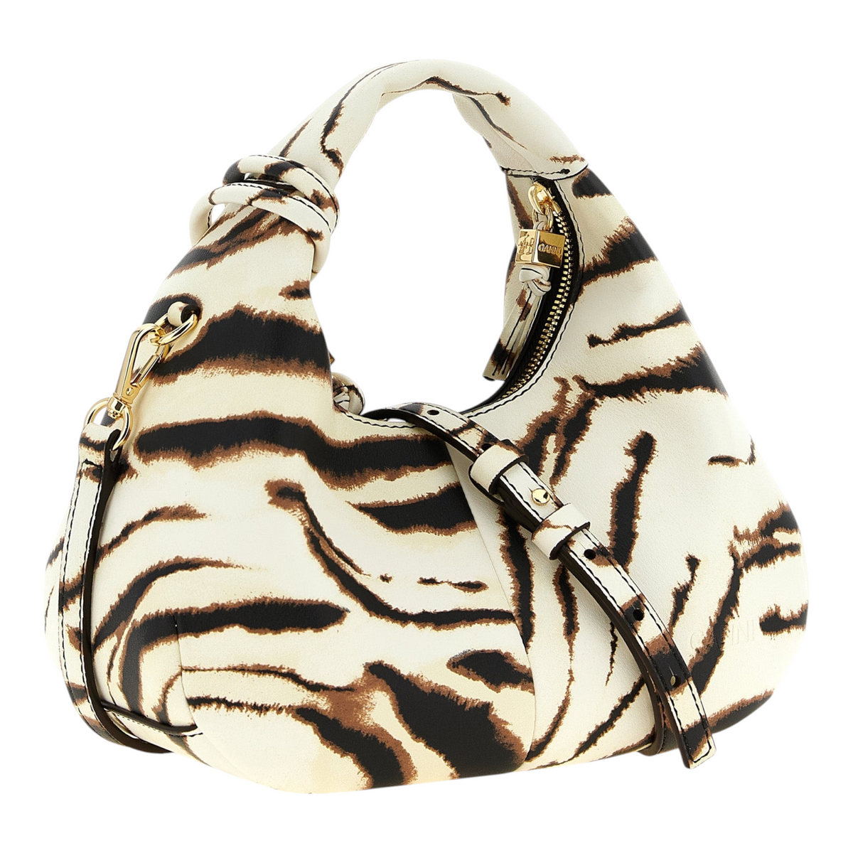 Bolso Mini Hobo de XT & Co con estampado de cebra, silueta curva, correa desmontable y logo dorado de mariposa.