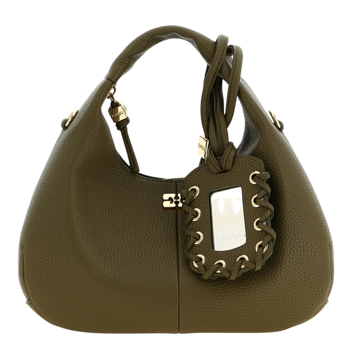 Bolso hobo mini verde de piel sintética martillada XT & Co con logo Butterfly, asa superior y dije de espejo