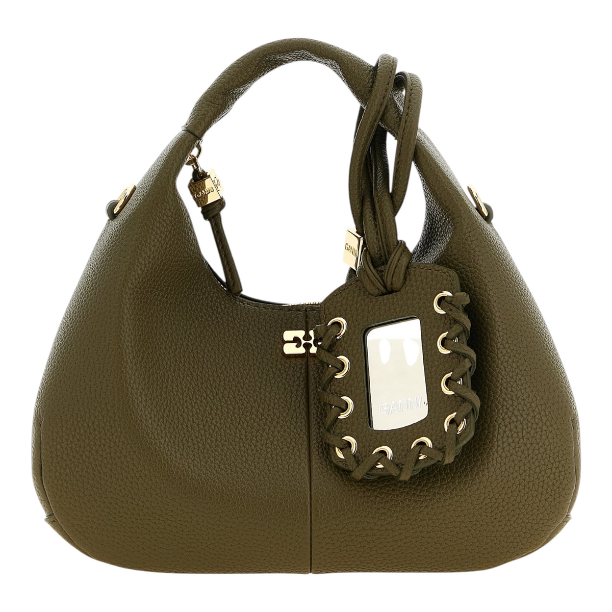 Bolso hobo mini verde de XT & Co en piel sintética martillada con asa superior, cierre de cremallera y charm espejo