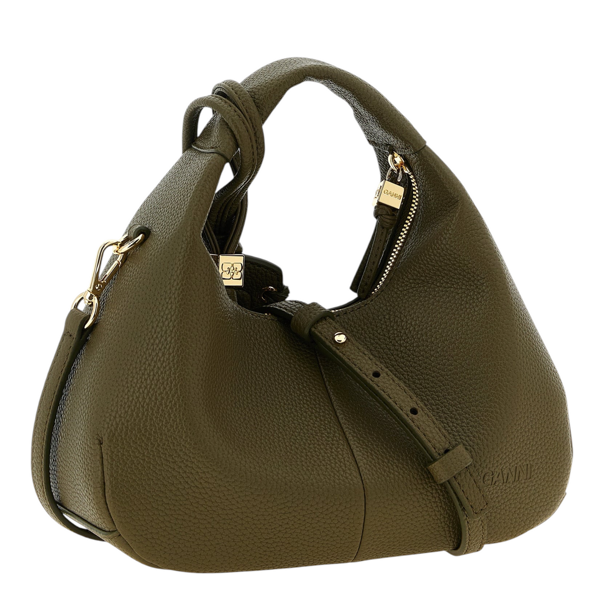 Bolso hobo mini verde de piel sintética martillada de XT & Co con asa superior, cremallera y logo Butterfly dorado.