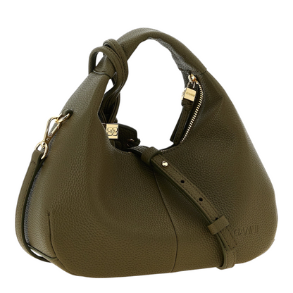 Bolso hobo mini verde de piel sintética martillada de XT & Co con asa superior, cremallera y logo Butterfly dorado.