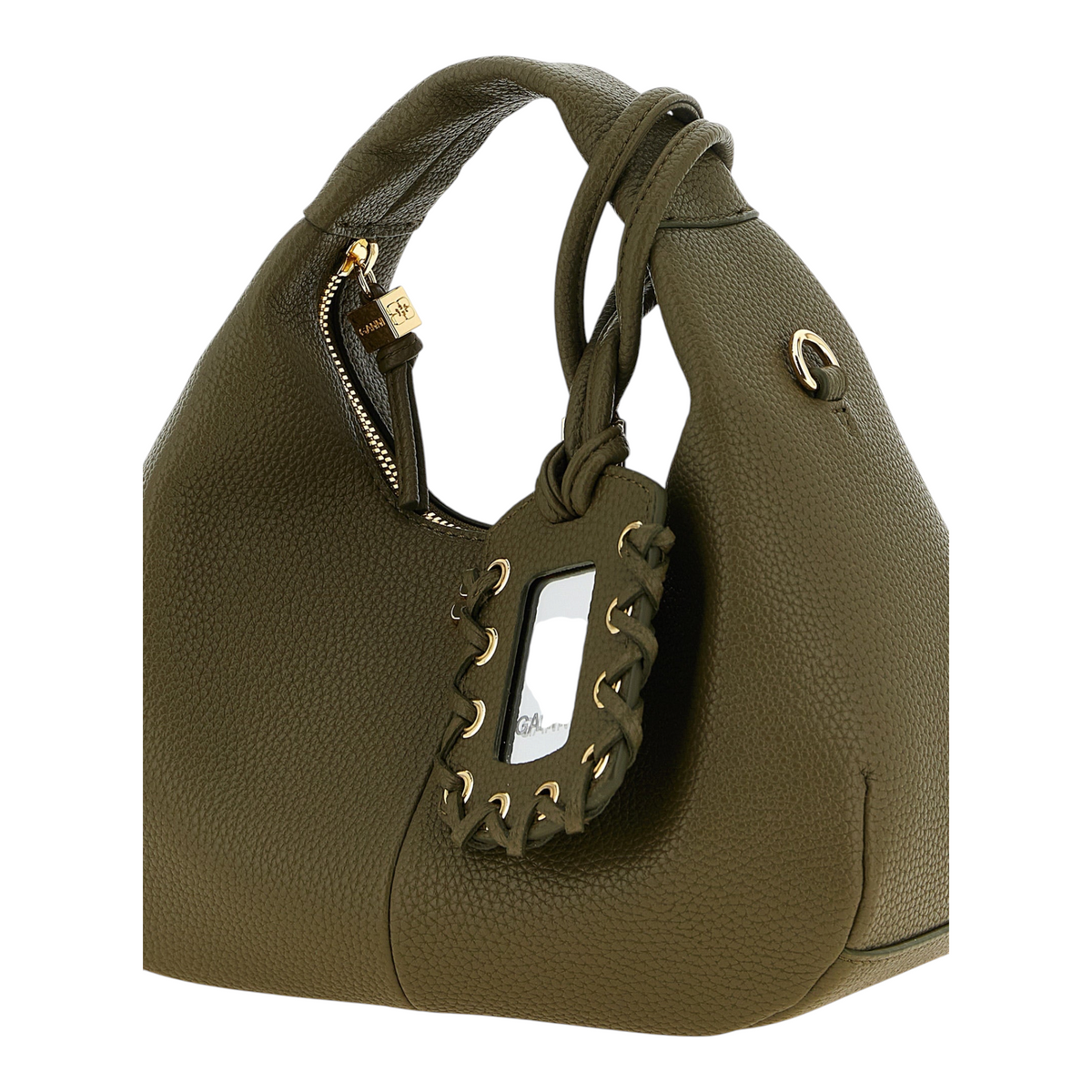 Bolso hobo mini verde de piel sintética martillada XT & Co con logo Ganni, asa superior y charm de espejo extraíble.