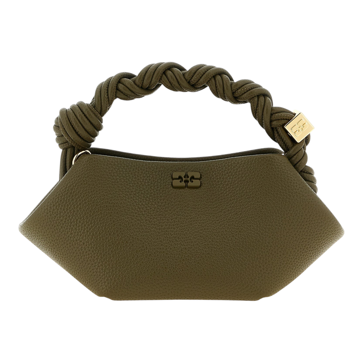 Bolso mini Bou de XT & Co en piel sintética verde oliva con asa trenzada y detalle de logo metálico grabado