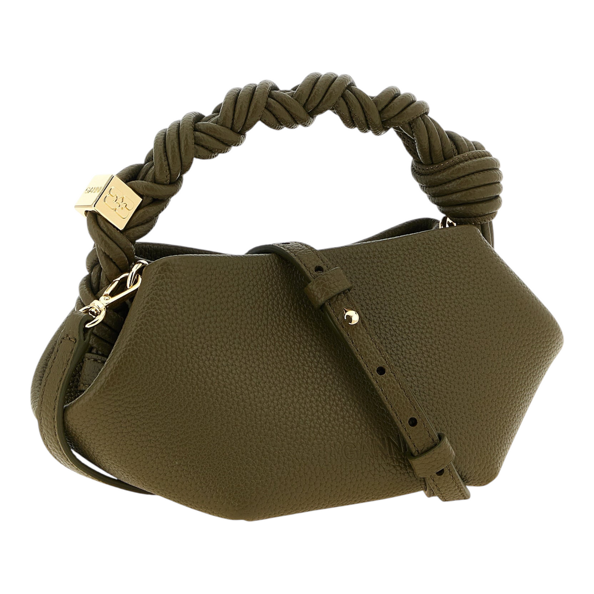Bolso mini Bou de XT & Co en piel sintética verde oliva con silueta hexagonal y asa superior trenzada con nudo.