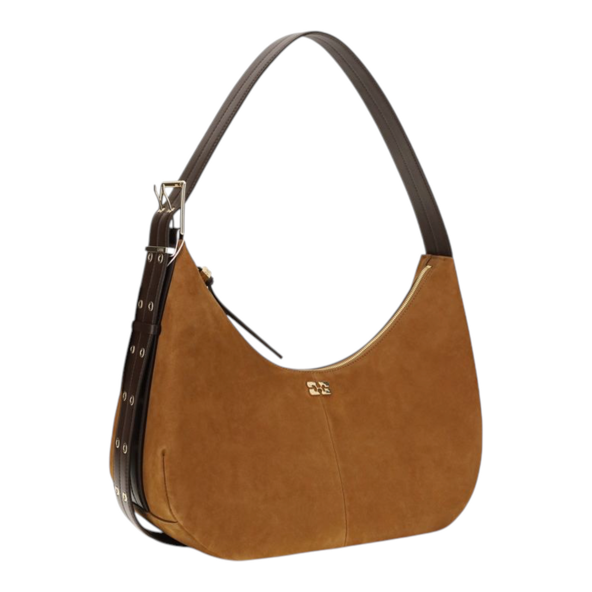 Bolso hobo XT & Co de ante vegano marrón con logo Butterfly, correa ajustable y cierre de cremallera.