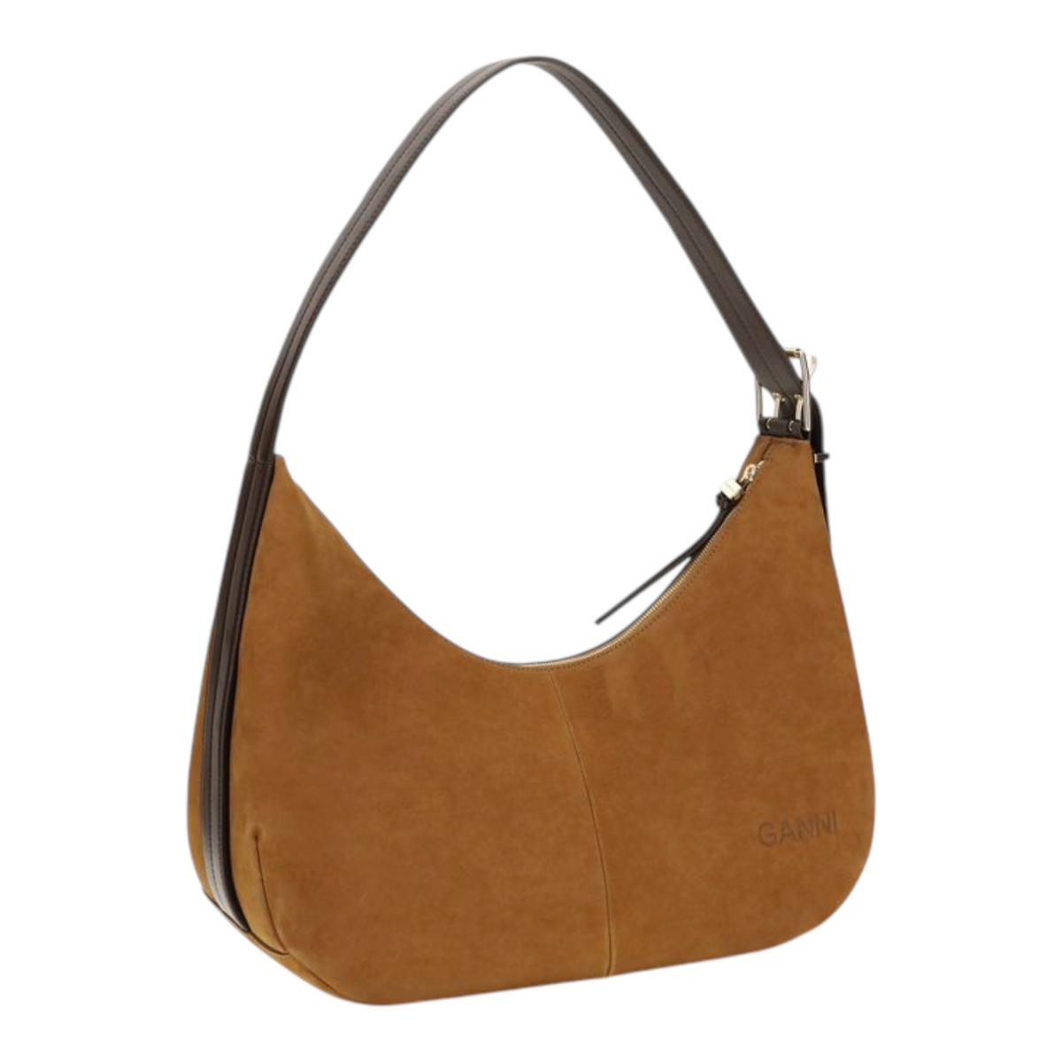 Bolso hobo XT & Co Ganni de ante vegano marrón con logo Butterfly, cierre de cremallera y correa ajustable.
