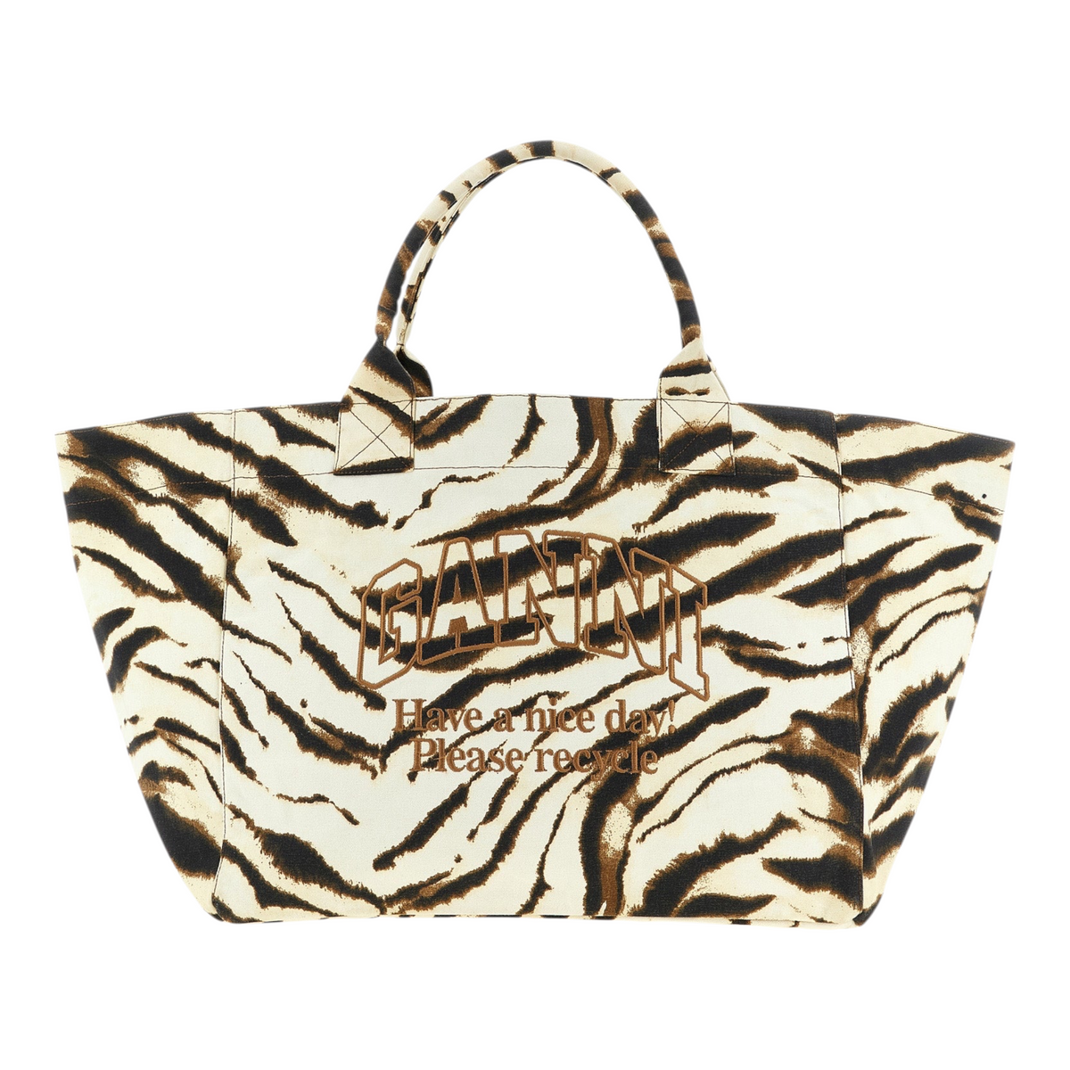 Bolso tote XXL XT & Co Ganni de algodón reciclado con estampado de cebra en beige y marrón y logo bordado