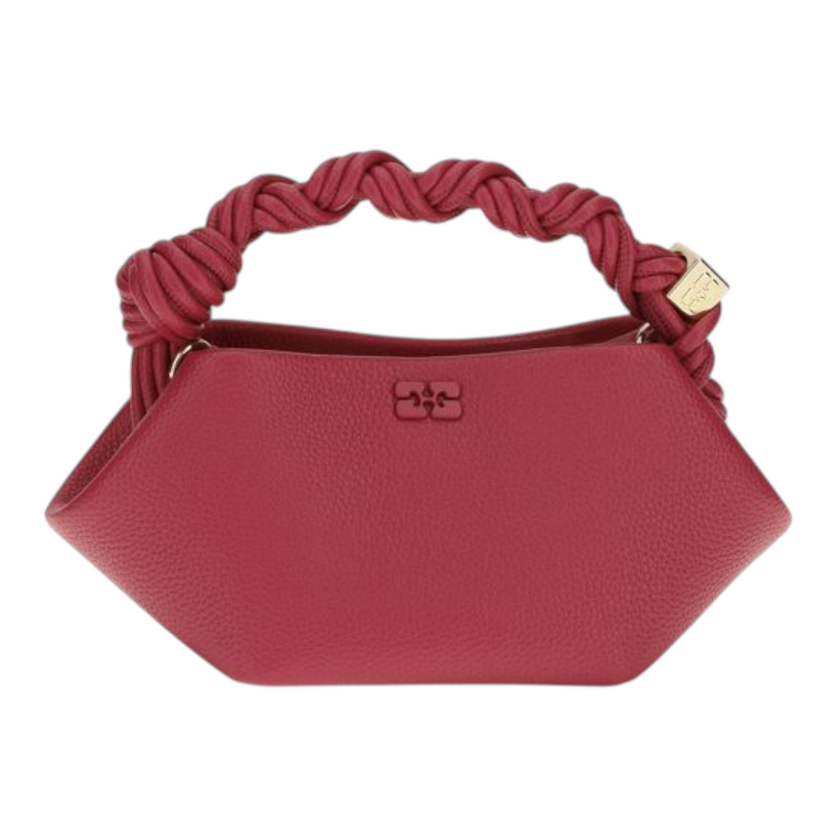 Bolso mini Ganni Bou rojo de XT & Co con asa superior trenzada, textura granulada y logo de mariposa en relieve.