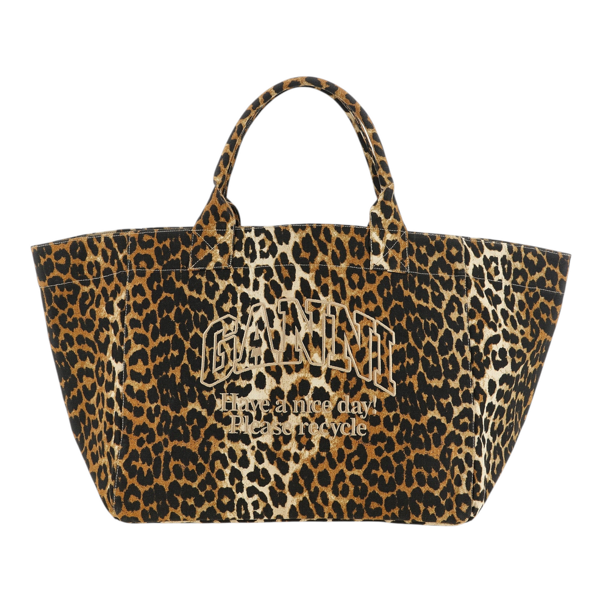 Bolso tote XXL de XT & Co en lona de algodón reciclado con estampado de leopardo marrón y negro y logo bordado.