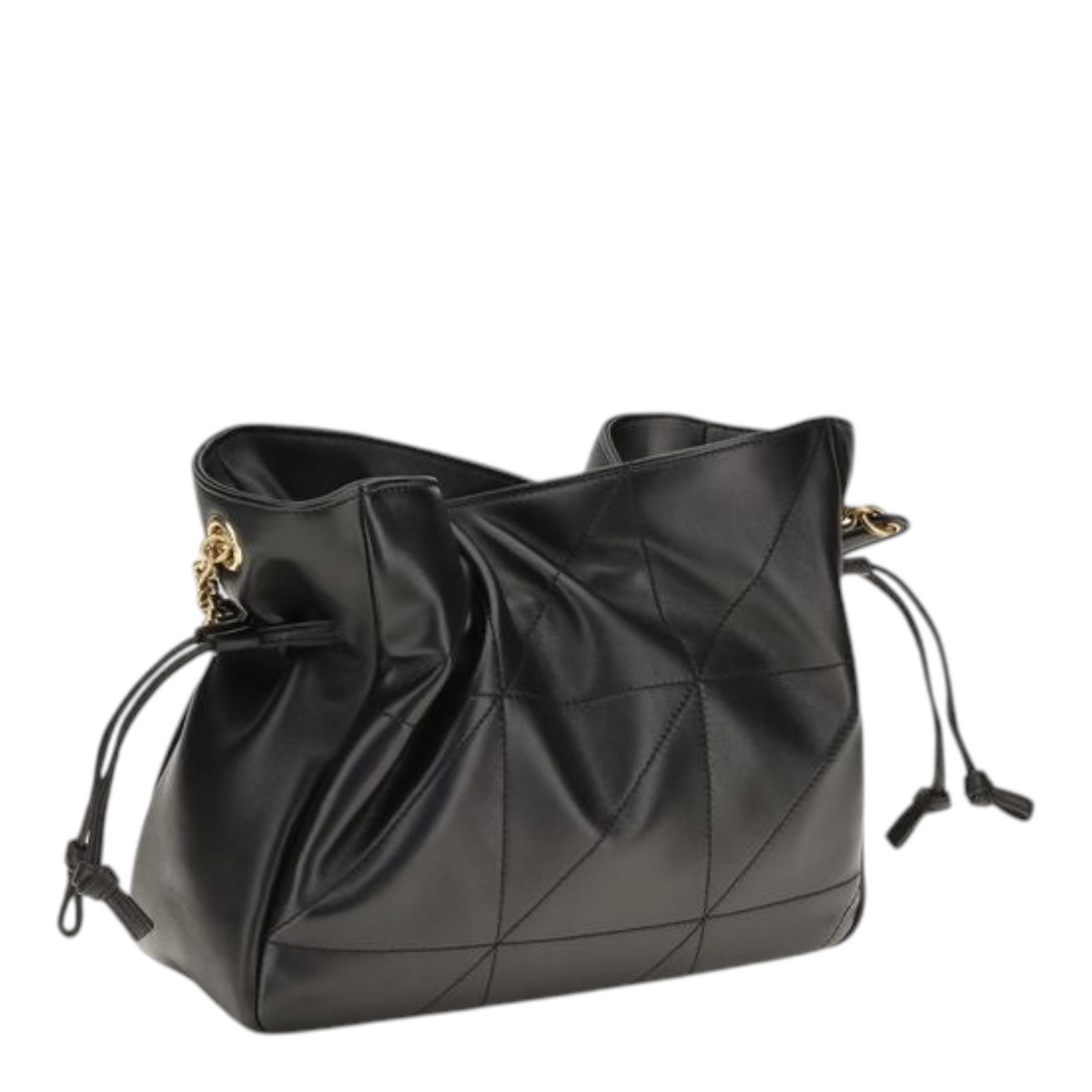 Bolso bandolera Jamie de XT & Co en piel de cordero negra con acolchado Carré Rive Gauche y cordón lateral ajustable.