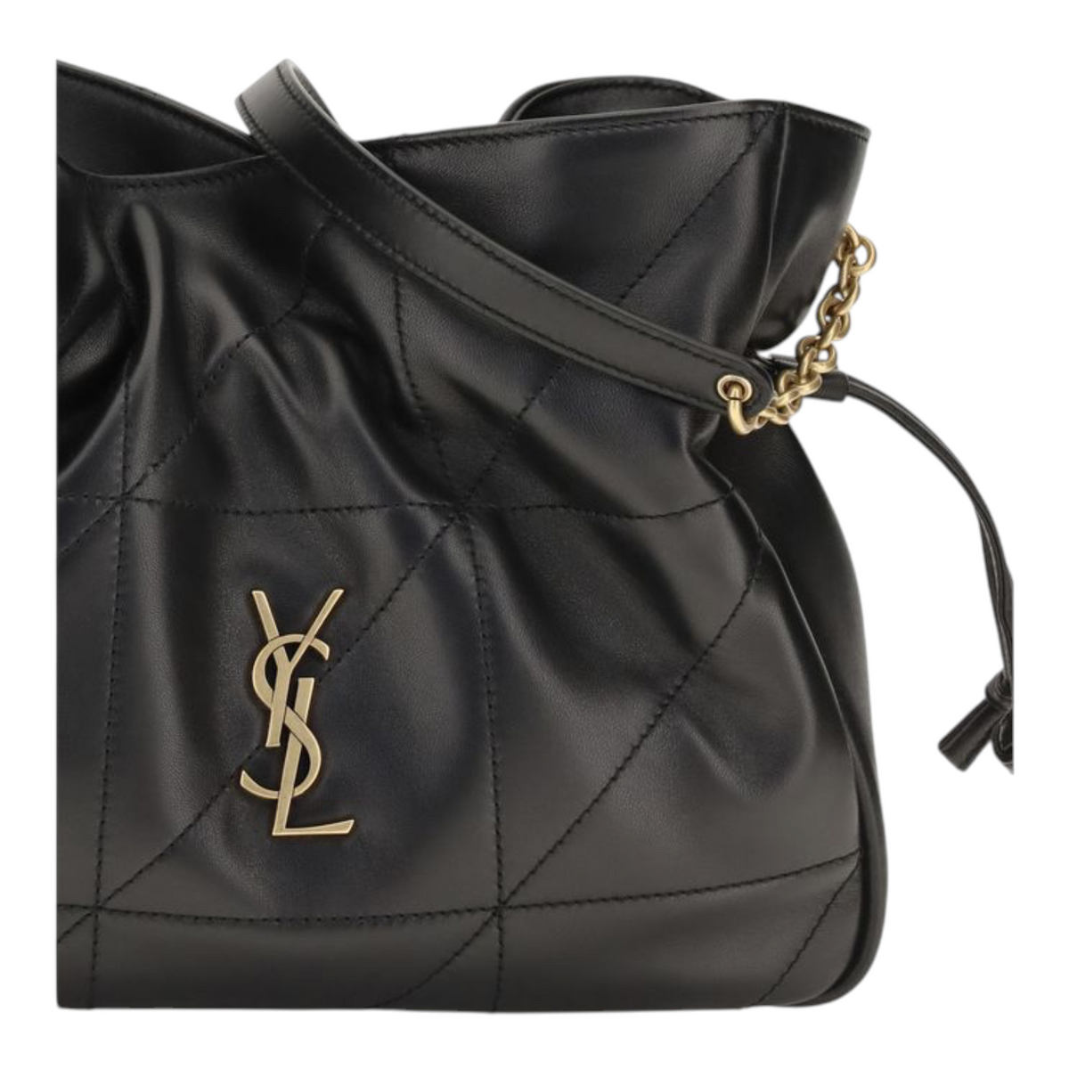 Bolso bandolera Jamie de XT & Co en piel de cordero negra acolchada con logo Cassandre dorado y cordón lateral