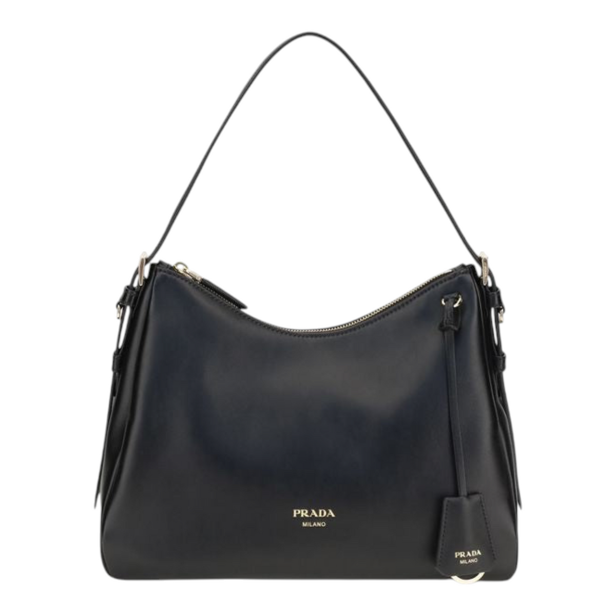 Bolso de hombro Prada Aimée en piel negra con efecto vintage, logo laminado y charm de llave de XT & Co