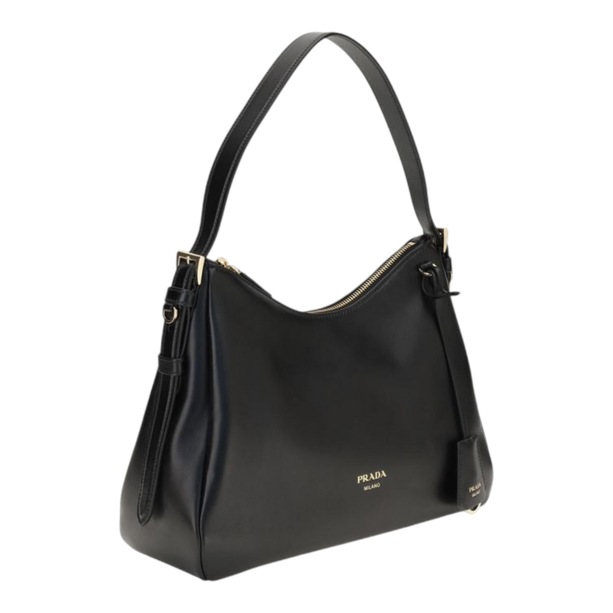 Bolso de hombro Prada Aimée en piel negra con efecto vintage, logo laminado y charm de llave, de XT & Co.