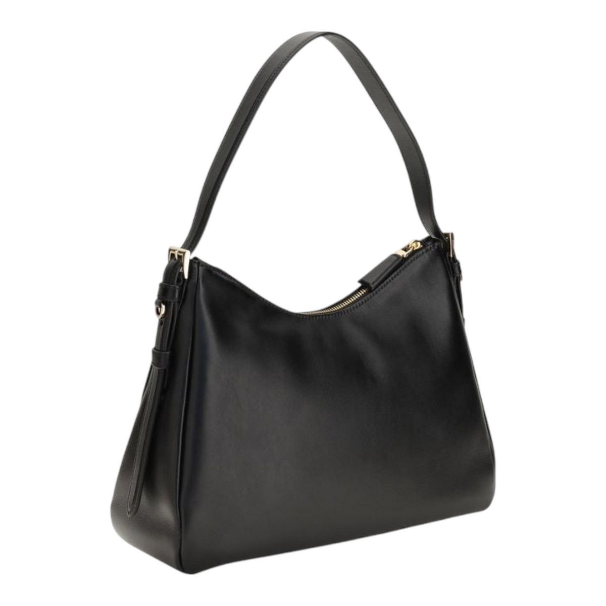 Bolso de hombro Aimée de XT & Co en piel negra con efecto vintage, cierre de cremallera y correa ajustable.