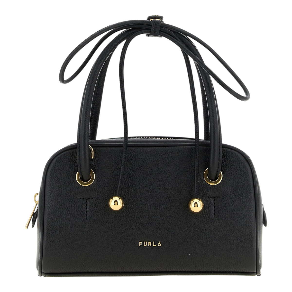 Bolso de mano Furla Poppy S negro de piel de becerro granulada con detalles dorados, disponible en XT & Co