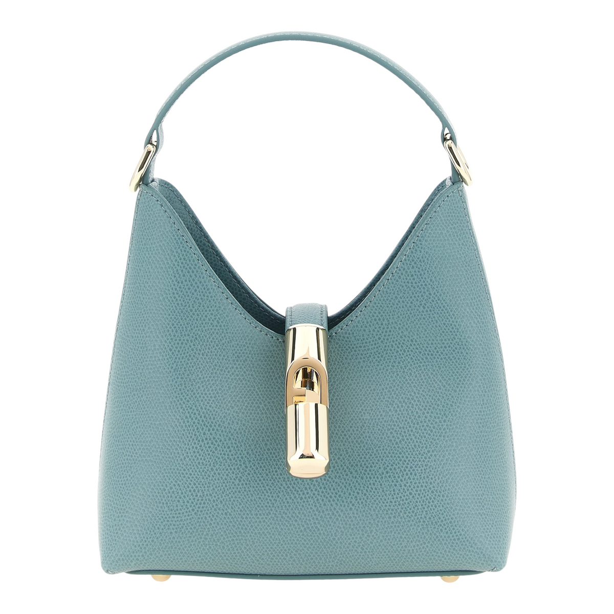 Bolso mini Furla Iride de XT & Co en piel de becerro azul claro con cierre metálico dorado y silueta trapezoidal