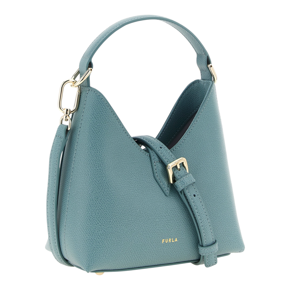 Bolso mini Furla Iride de XT & Co en piel de becerro azul claro con asa superior y detalles metálicos dorados
